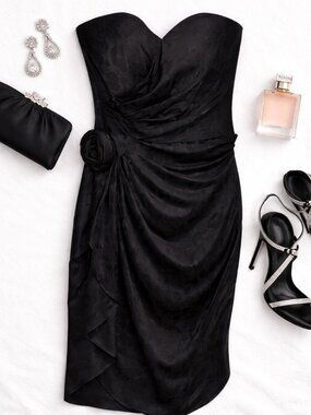 Vintage AJ Bari Black Silk Strapless Rosette Cocktail Dress Size 12 90s Glam